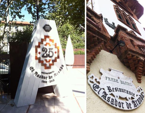 Cartel conmemoración 100 años Casa Frare Blanc y escultura 25 años del Asador de Aranda Pareja de Ases